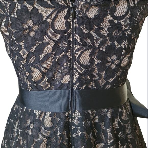 Betsy & Adam A Line Mini Dress V Back Tulle Lace Belted Size 6 Black Fairy Goth - Picture 7 of 12